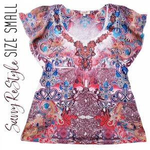 One World | Short Sleeve Embroidered Top Size Sm